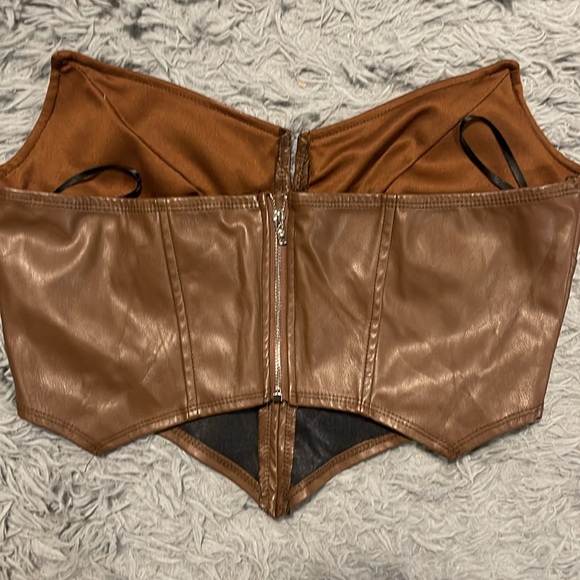 Brown PU Leather V Top - Picture 2 of 3